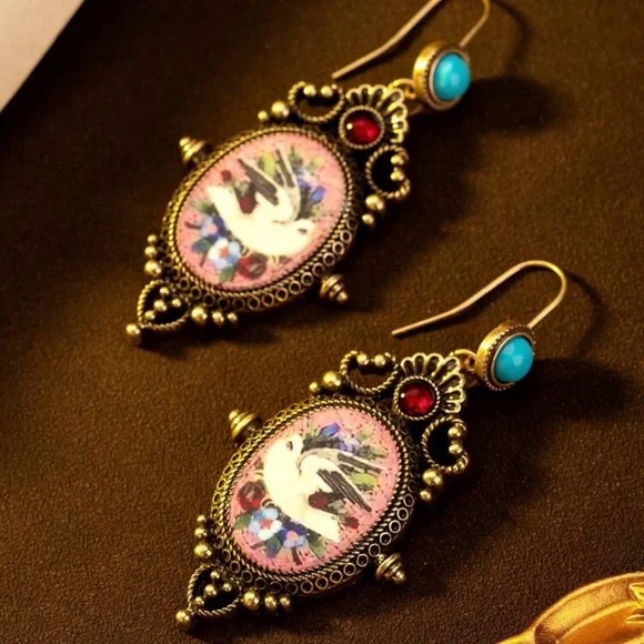 Vintage Style Dove Bird Baroque Earrings Micro Mosaic Style Floral Ornate NEW - Picture 6 of 13